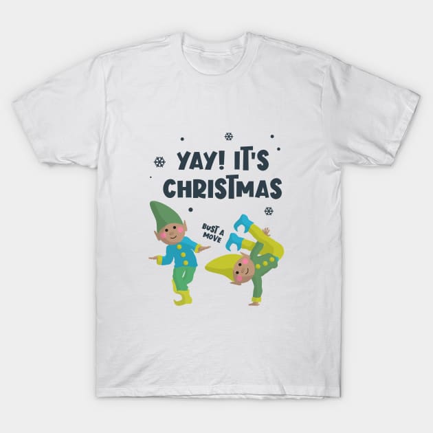 Yay, It's Christmas - Dancing Elves in Blue Snow T-Shirt by VicEllisArt